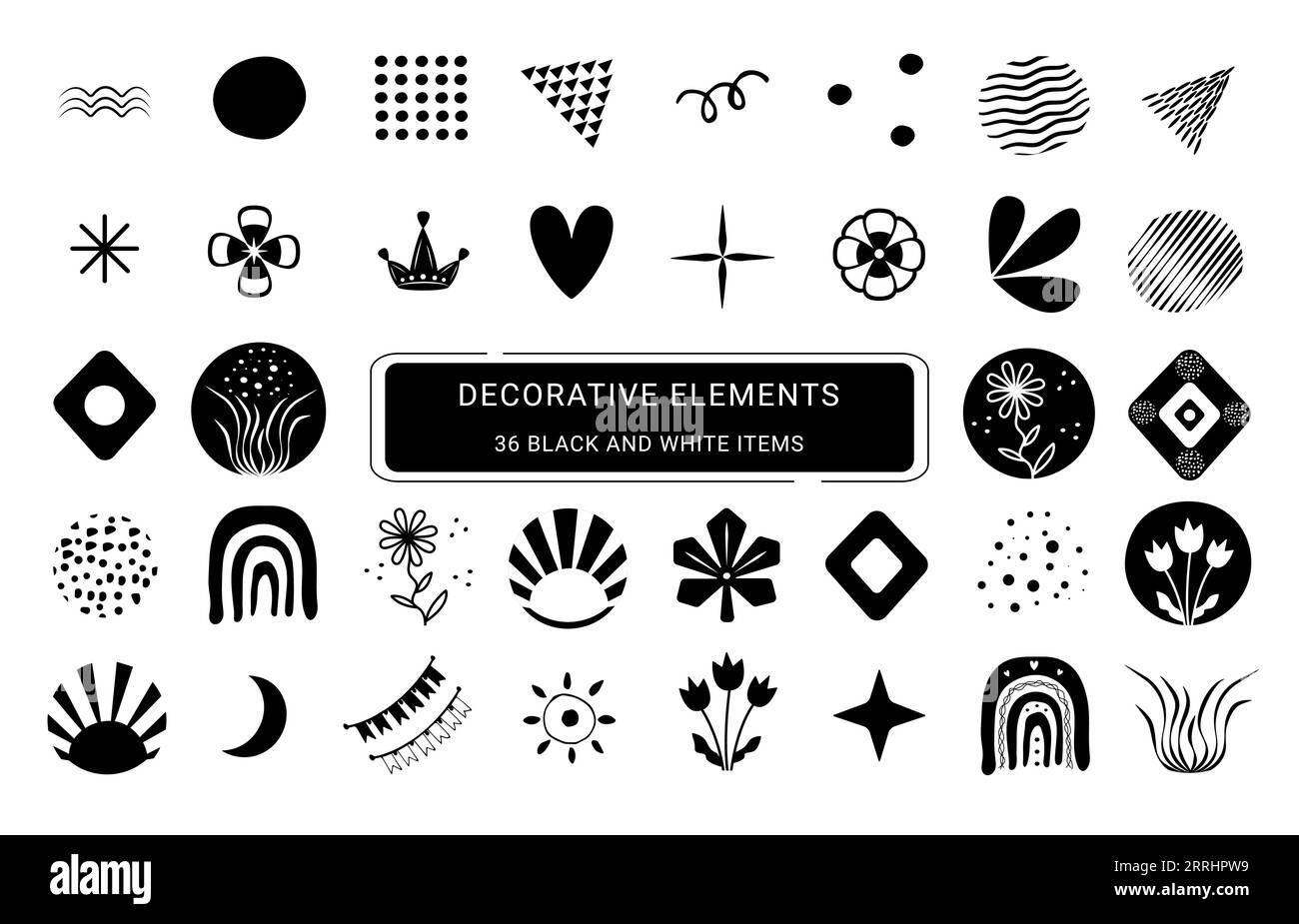 Decorative elements icon set, black and white items Stock Vector