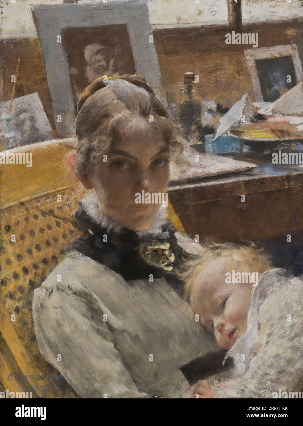 A Studio Idyll. The Artist's Wife and their Daughter, 1885. Stock Photo