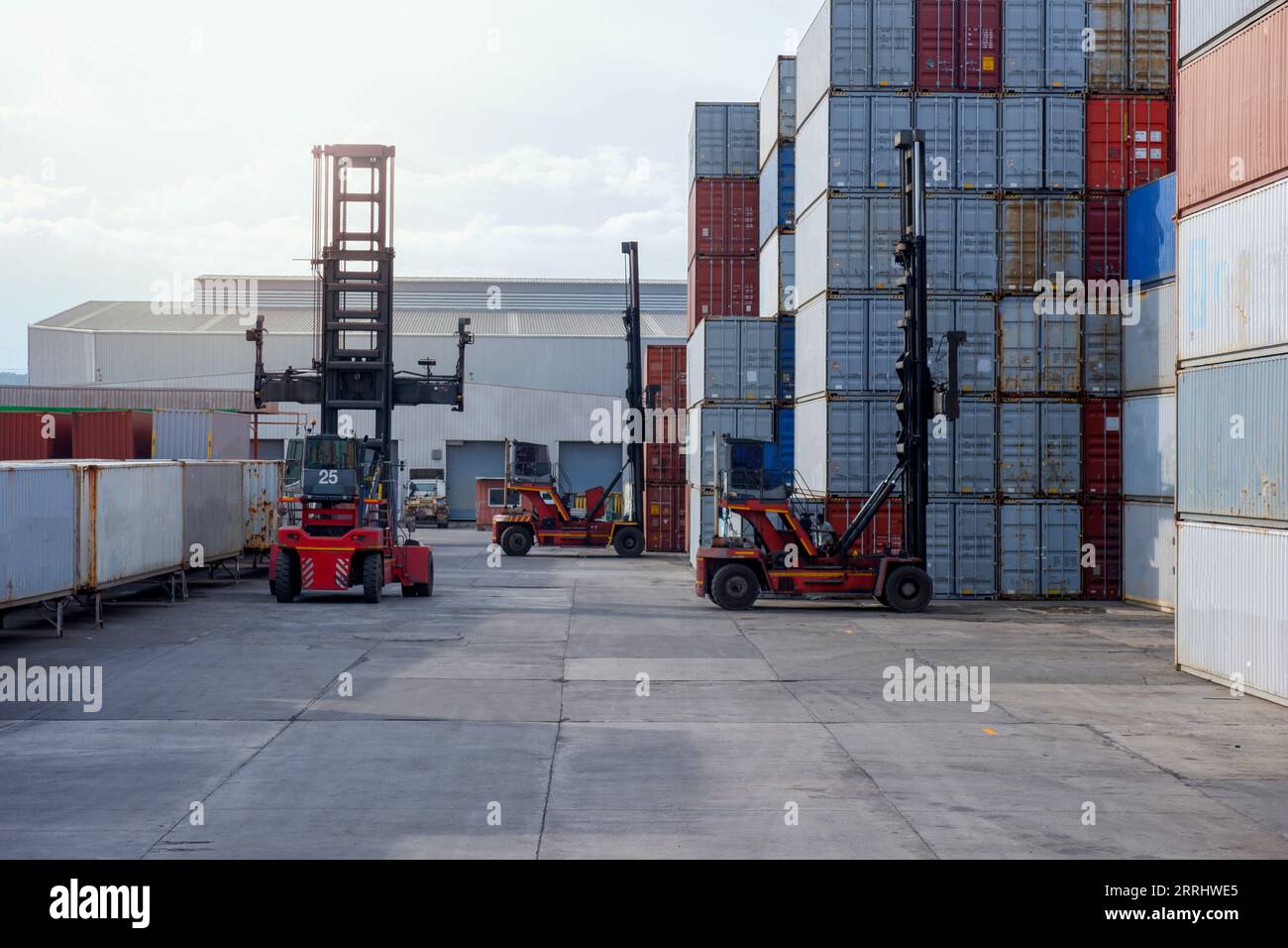 Forklift trucks handling freight, container boxes in logistic delivery yard with stacks of cargo containers. Stock Photo