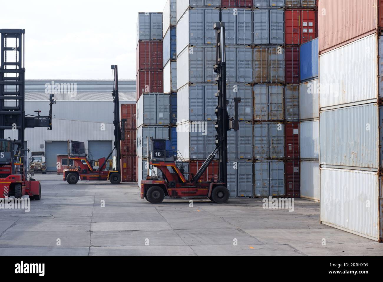Forklift trucks handling freight, container boxes in logistic delivery yard with stacks of cargo containers. Stock Photo