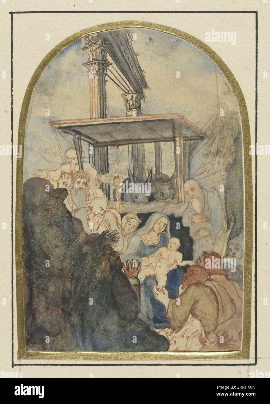 Study for an Adoration of the Magi, in the background a ruin with two Corinthian columns, 1832-1885. Stock Photo
