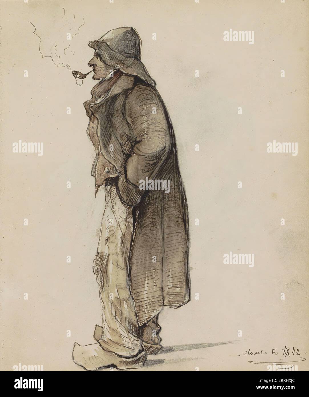 Farmer with a pipe, full length, 1842. Wearing clogs, a long overcoat and a sou'wester hat. Stock Photo