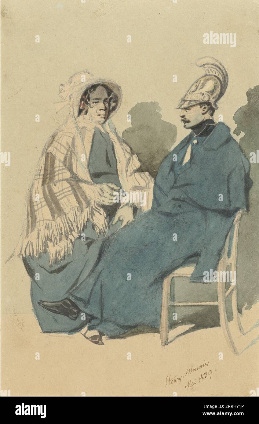 Cuirassier with helmet and blue cloak, sitting next to an old lady in a travelling dress, 1839. Stock Photo