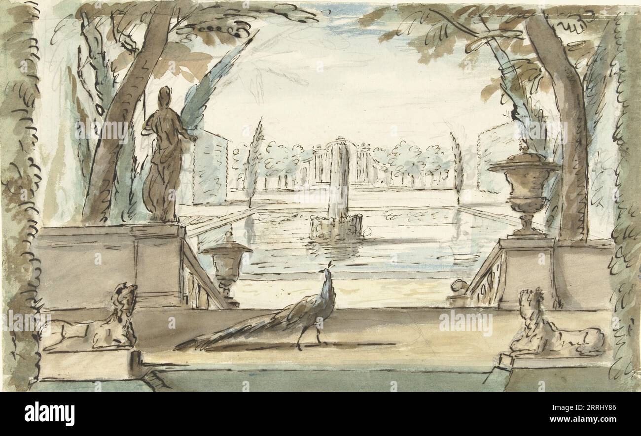 View of a garden with a pond, a fountain and a peacock, 1677-1755. Design for a painting. Stock Photo