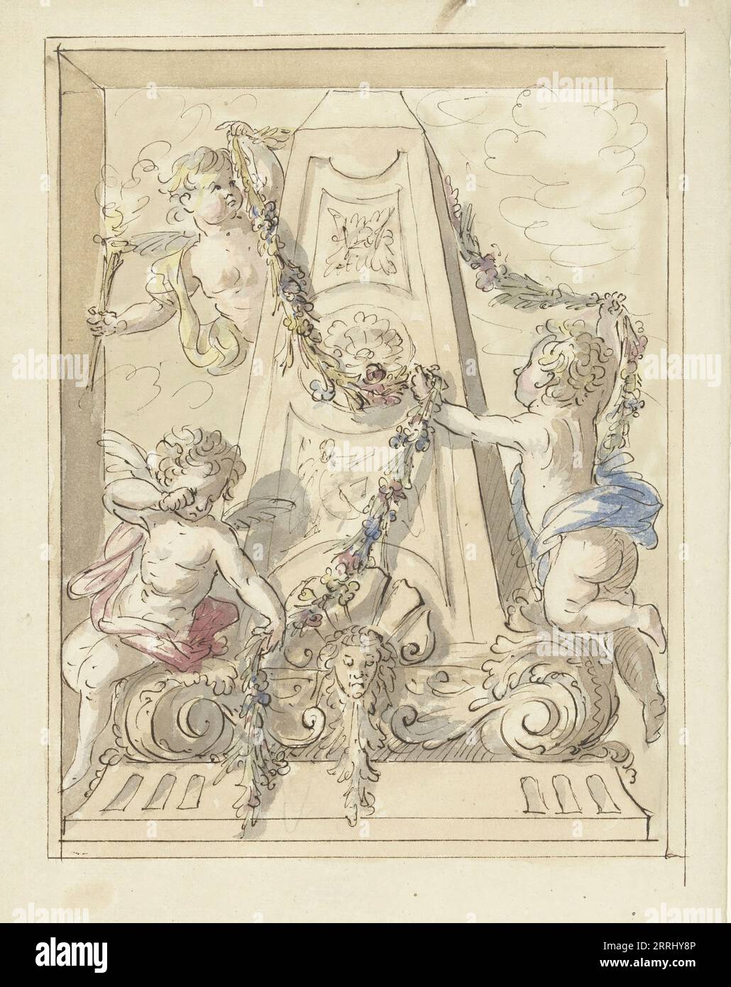 Mourning putti hanging garlands on a monument, 1677-1755. Design for a painting. Stock Photo