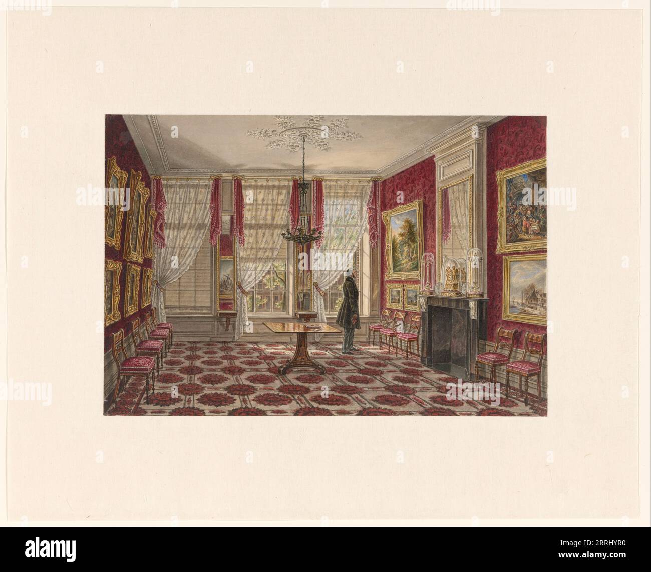 19th century interior with paintings and standing figure, 18421848