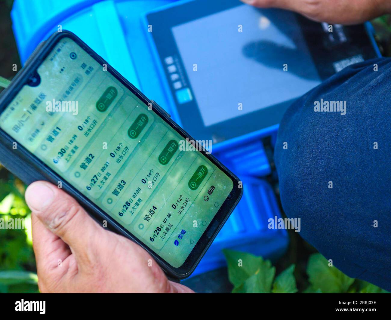 220710 -- URUMQI, July 10, 2022 -- A farmer remotely controls the drip irrigation facilities in a cotton field with his smartphone in Manas County, northwest China s Xinjiang Uygur Autonomous Region, June 30, 2022. Summer harvest in northwest China s Xinjiang Uygur Autonomous Region is now in full swing. Modern agricultural science, technology and machinery have been applied in the region to help local farmers increase yield and attain a bumper harvest.  CHINA-XINJIANG-FARMLAND MANAGEMENT-SUMMER HARVEST-TECHNOLOGY APPLICATION CN WangxFei PUBLICATIONxNOTxINxCHN Stock Photo