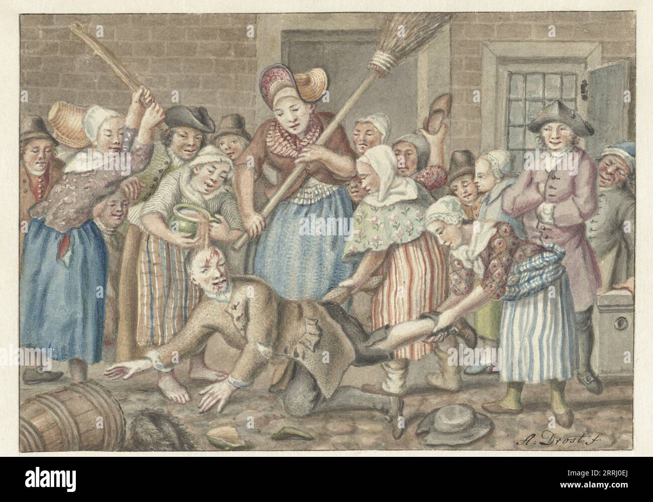 A man who had beaten his wife is punished by a group of women in the Vinkestraat in Amsterdam, 1768, 1768. Stock Photo