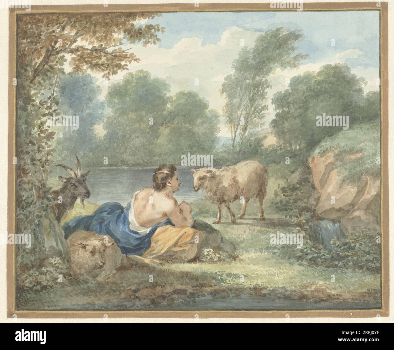 Shepherd with sheep in a landscape with a lake, 1781. Stock Photo