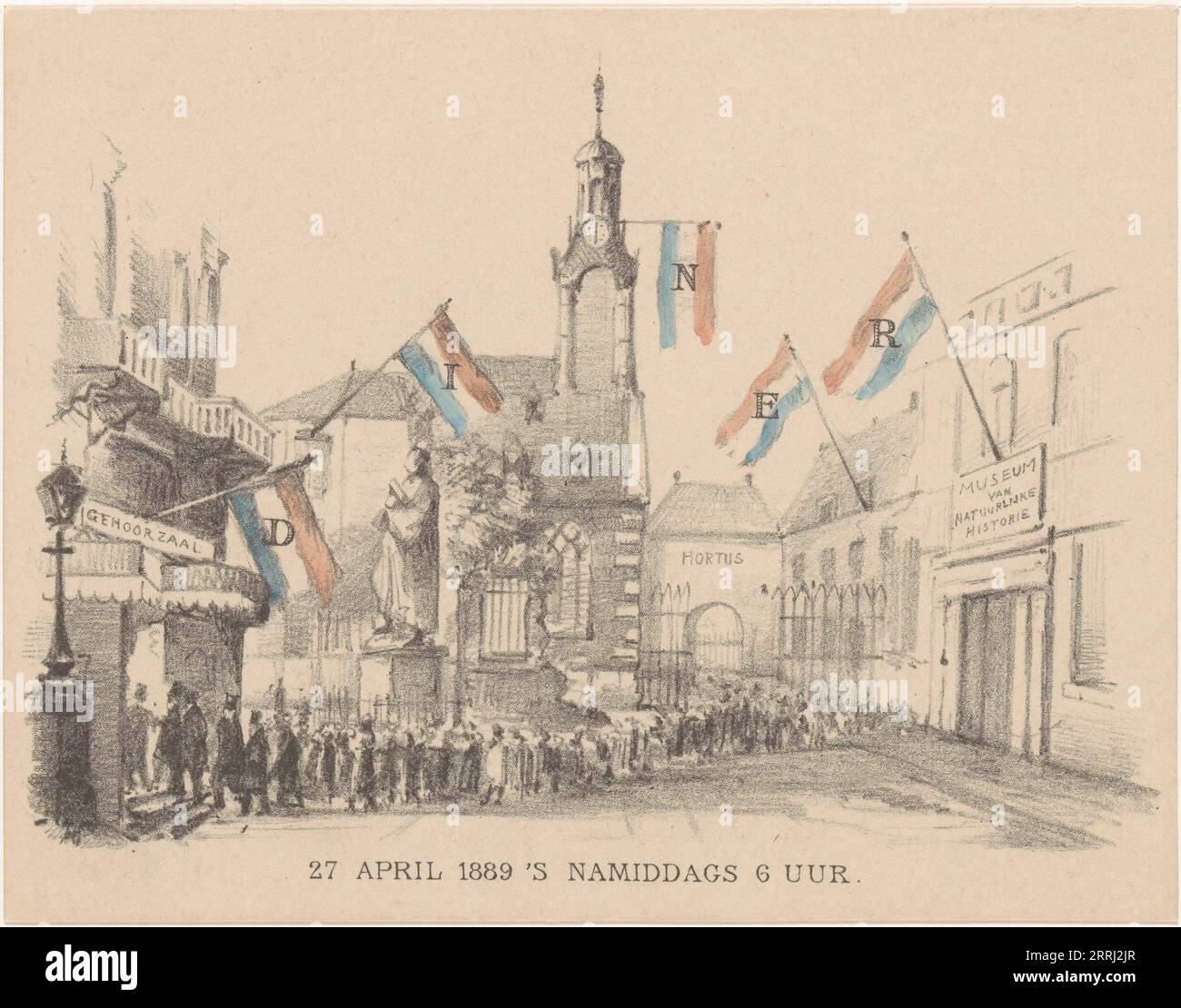 Menu card with flags, 27 April 1889. Flags spelling the word 'Dinner