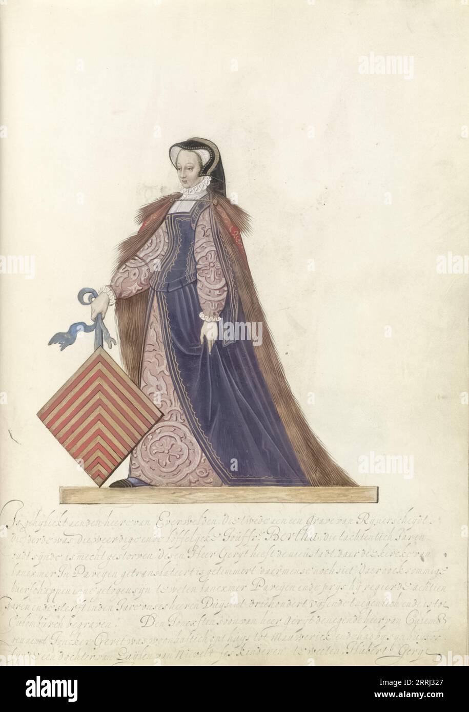 Bertha van Egmond, Lady of Culemborg, c.1600-c.1625. Wife of Gerrit I, lord  of Culemborg. Holding Egmond coat of arms. From an illustrated manuscript  with the genealogy of the lords and counts of