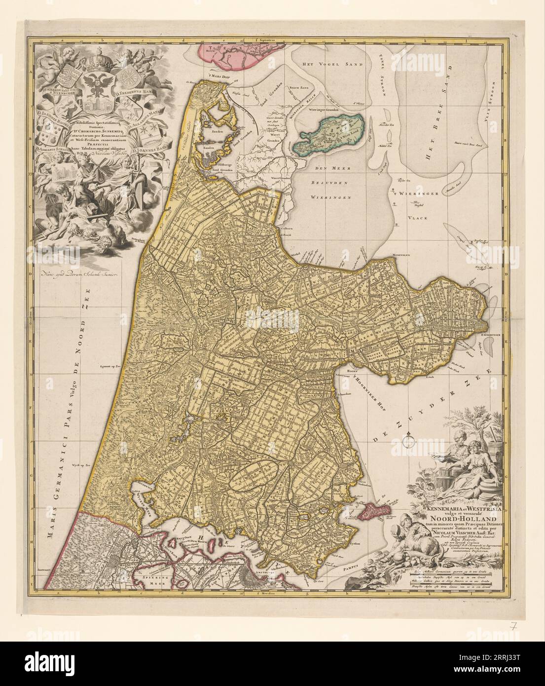 Map of North Holland, c.1700-c.1710. 'Kennemaria et Westfrisia vulgo et vernacul&#xe9; Noord-Holland tam in minores quam Praecipuas Ditiones...'. Showing the southern tip of Texel, Wieringen, Marken and a small section of South Holland. At the bottom right scale in German and French miles (1: 150,000). At the bottom right the title, farmers with cheeses, butter and milk. At top left, dedication and putti with the imperial crown and coat of arms, allegorical figures - one holding a windmill looking at an image of a lock. Stock Photo