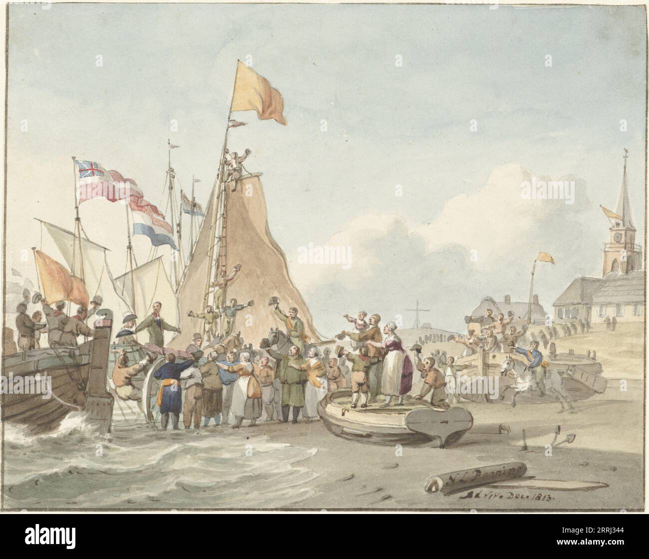 Arrival of Prince Willem Frederik in Scheveningen, November 30, 1813, (1813). An enthusiastic crowd greets the prince on the beach at Scheveningen, as he prepares to assume the government of the Netherlands as a sovereign prince. Stock Photo
