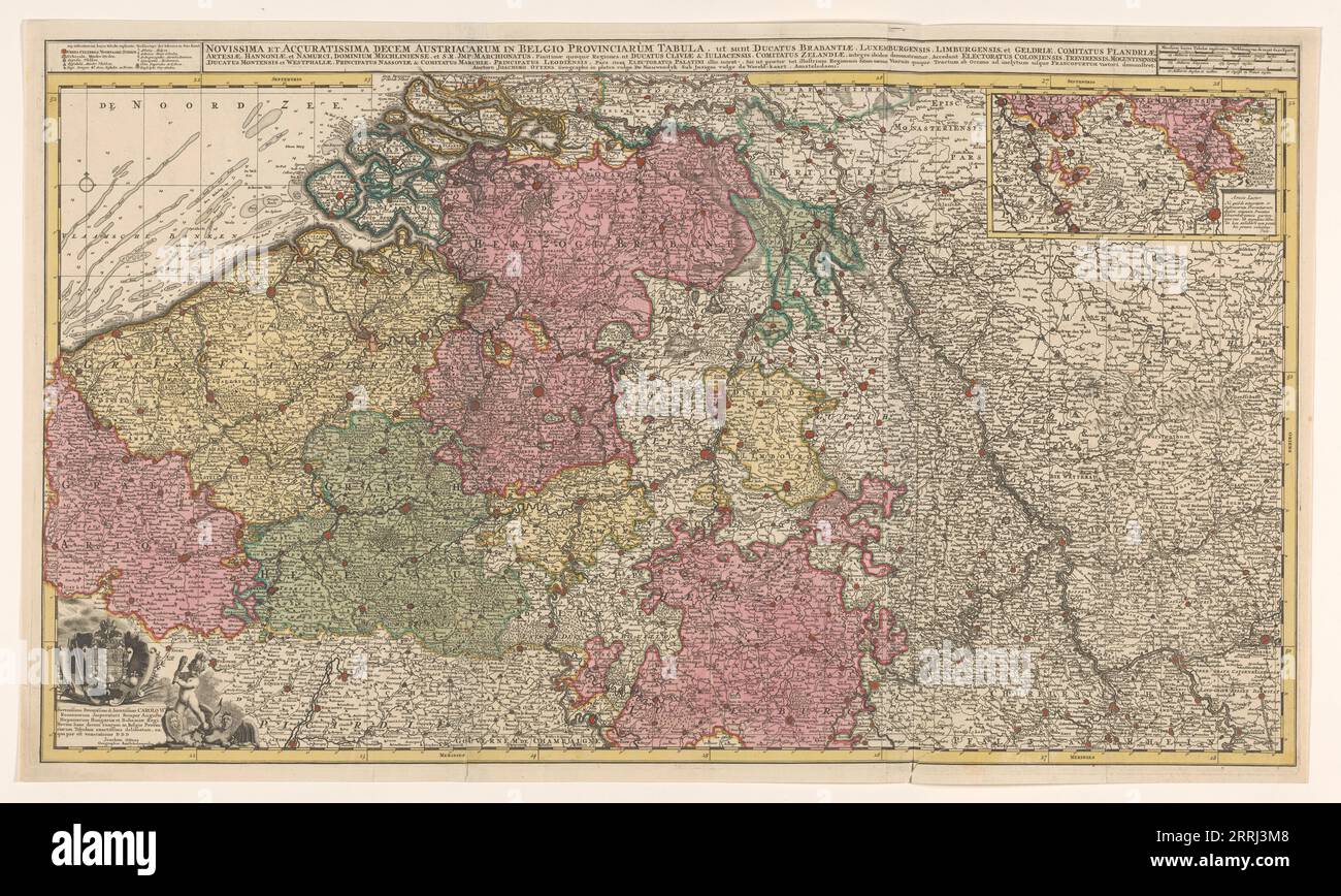 Map of the southern (Austrian) Netherlands, 1719. 'Novissima et accuratissima decem Austriacarum in Belgio provinciarum tabula, ut sunt ducatus Brabantiae, Luxembergensis, Limburgensis, et Geldriae, comitatus Flandriae'. Inset top right: part of the Duchy of Luxembourg; scale in German, Spanish and English-French miles. Bottom left: dedication to Emperor Charles VI with his coat of arms and a putto fighting a harpy. Stock Photo
