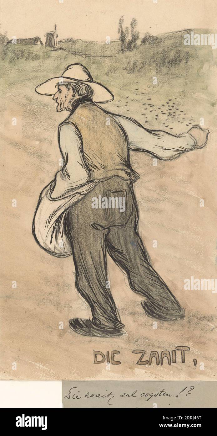 He who sows, shall reap , 1875-1900. 'Die zaait, zal oogsten'. Man broadcasting seed, illustration of biblical verse. Stock Photo