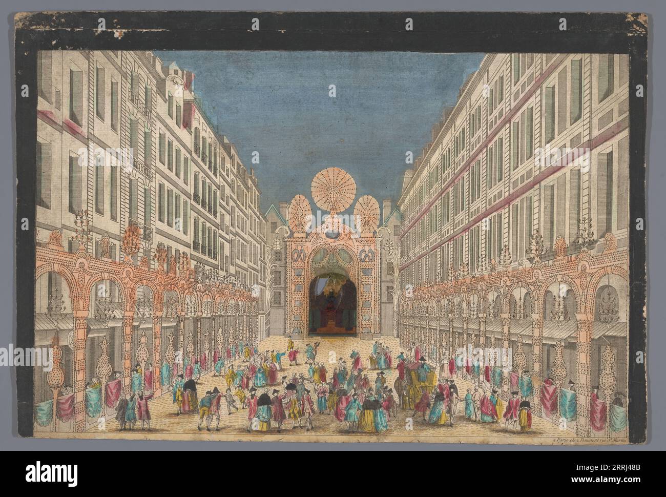 View of the decorations on rue de la Ferronnerie in Paris on occasion of the restoration of Louis XV, king of France, in 1745, 1745-1775. Stock Photo