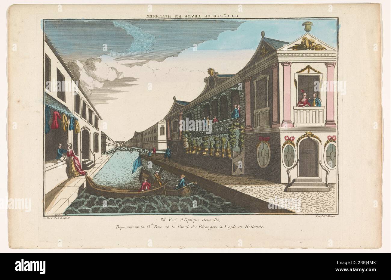 View of a street on a canal in Leiden, 1735-1805. Stalls with merchandise on display. Two rowing boats. Stock Photo