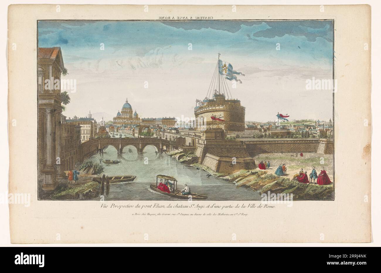 View of Castel Sant' Angelo and Ponte Sant'Angelo over the Tiber River in Rome, 1735-1805. Stock Photo