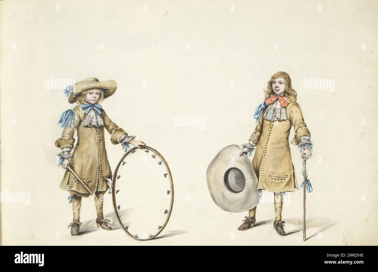 Gerrit and Cornelis Schellinger as children, c.1675-c.1685. Gerrit and Cornelis Schellinger, nephews of Gesina ter Borch. Cornelis holds a hoop with small metal cymbals or bells that made a sound when rolling. The oldest boy, Gerrit, wears a hat with a side brim, possibly also part of a game. Stock Photo