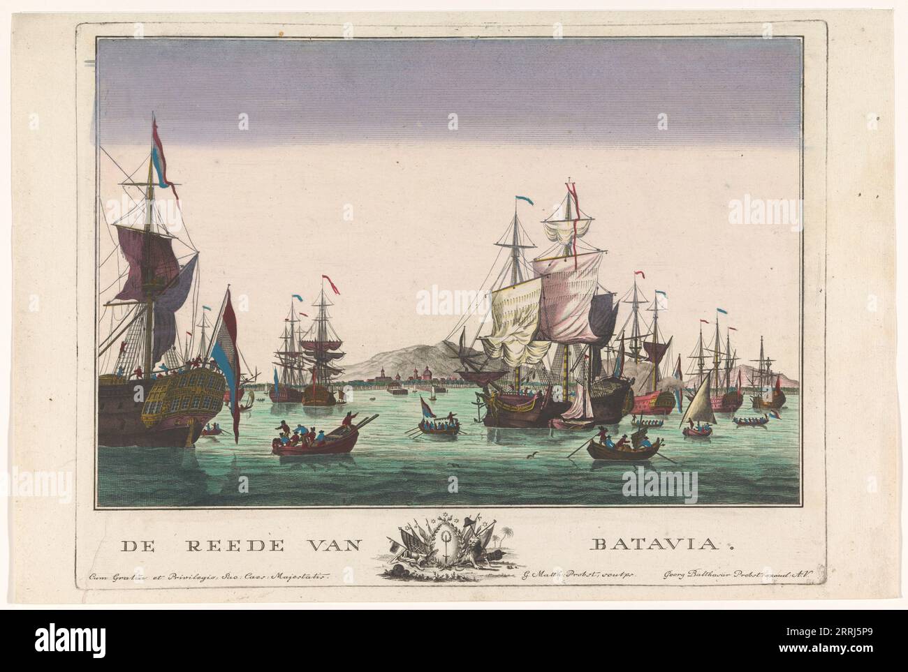 View of the harbour in Batavia, 1742-1801. Ships and boats. Stock Photo