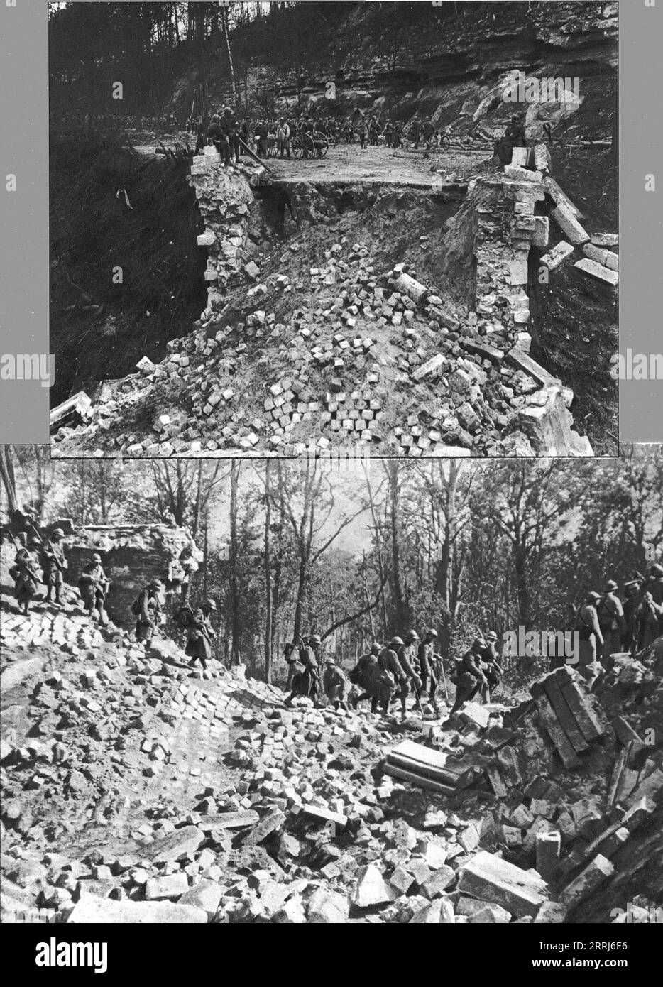 L'immense champ de Bataille; Pour arreter les forces allemandes devant la  Marne, le pont de pierre de Lagny avait ete detruit par le genie', 1914.  From "L'Album de la Guerre 1914-1919: Volume