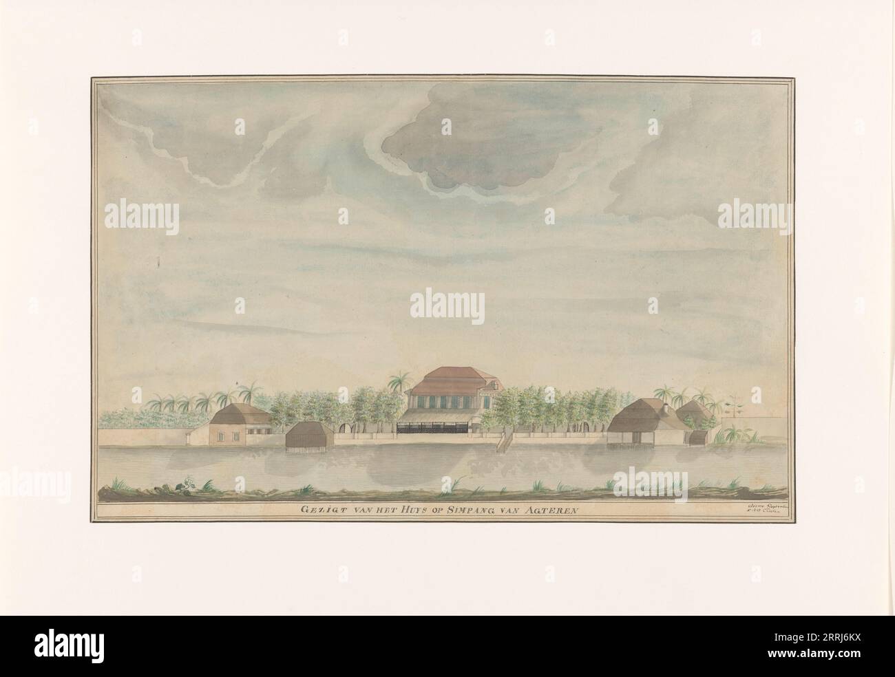 The Residents House at Simpang van Agteren, 1809. View of the back of the resident's house in the Simpang district in Soerabaja (Surabaya). Country house with outbuildings in a forest on a river under a cloudy sky, 30 September 1809. By order of Governor-General Daendels, the original country house from 1798 in 1808-1811 was thoroughly renovated. Stock Photo