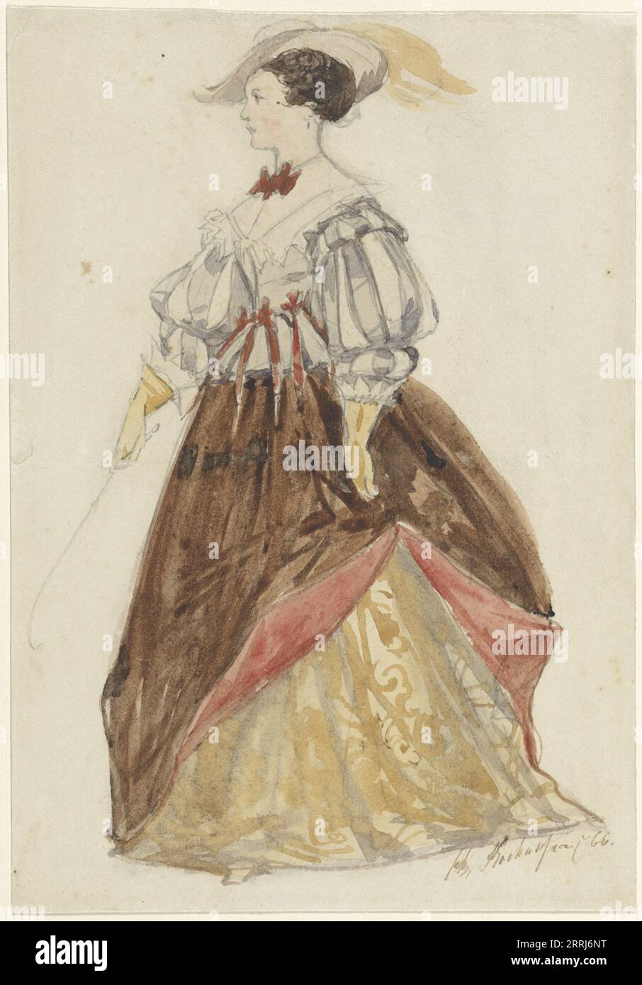 Woman in riding dress, with feathered hat, gloves, and whip in hand, 1866. Stock Photo