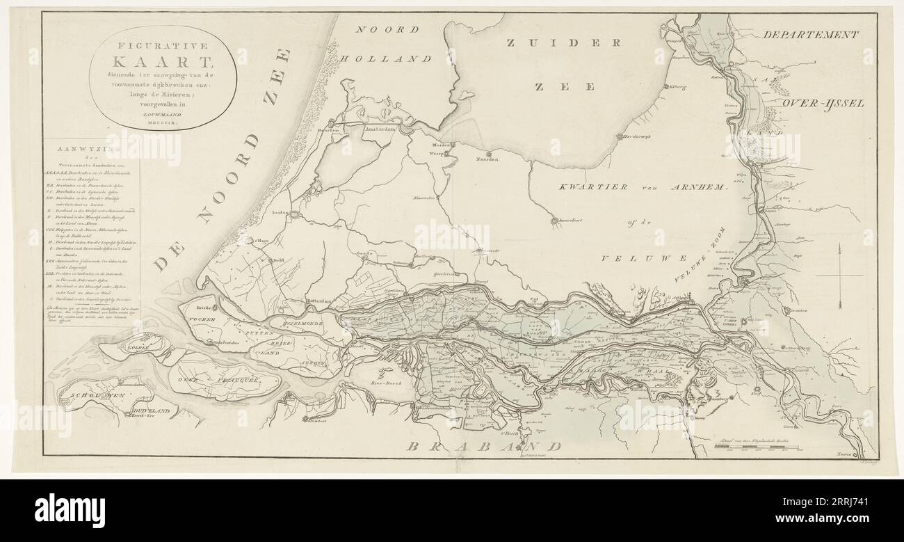 Figurative map, giving an indication of the main dike breaches, etc.: along the Rivers, 1809. The area affected by flooding between the large rivers and along the IJssel in the centre of the Netherlands, during the flood of January 1809. On the left the legend with the most important dike breaches marked with the letters A-N. Stock Photo