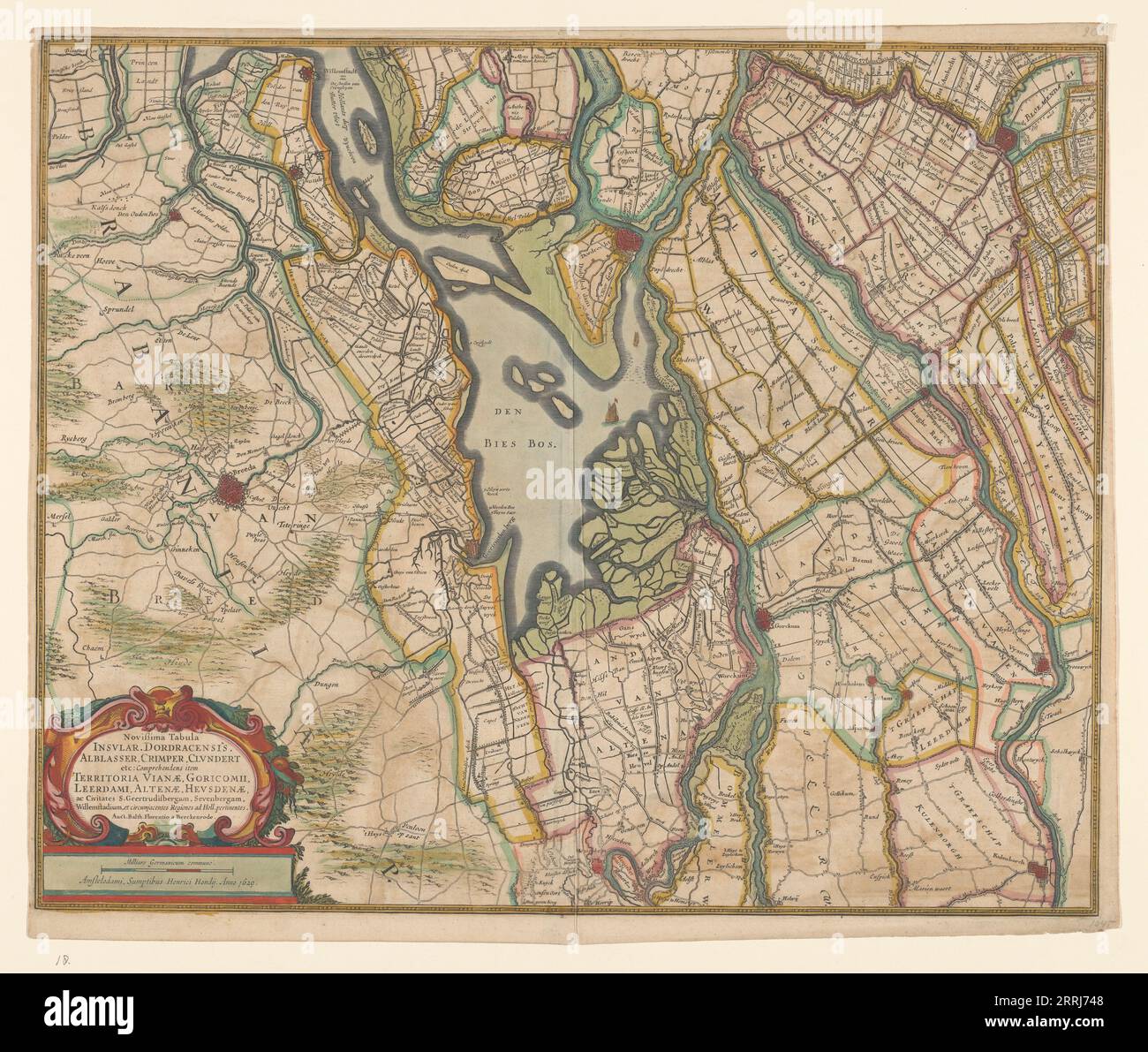 Map of parts of North Brabant, South Holland and Gelderland, 1629. The surroundings of the Bies Bos, sailing ship. Bottom left a cartouche with the title with the scale in German miles (1: 100,000). Stock Photo