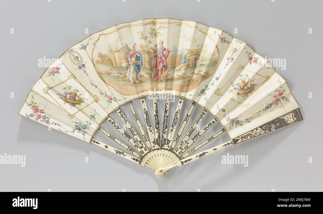 Folding paper fan with the meeting of Ruth and Boaz during the corn harvest, c.1780-c.1795. In the central gold rimmed cartouche, Ruth looks surprised at Boaz, the owner of the cornfield, who 'caught' her when harvesting. Flanked by cartouches with fruits, inlaid with silver and gold, small oval medallions with a classic vase and larger windows filled with grapes, apples, pears, peaches and melon. The whole is decorated with flower garlands. Stock Photo
