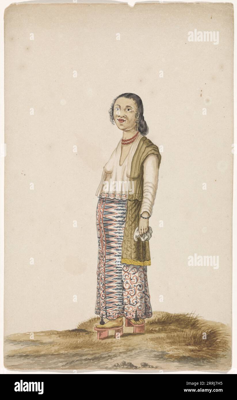 Mestizo woman, c.1675-c.1725. Woman dressed in a sarong with red/white/blue patterns, a white shirt and a green/yellow jacket. She wears a red necklace and a black bracelet. She holds a handkerchief in her left hand. Stock Photo