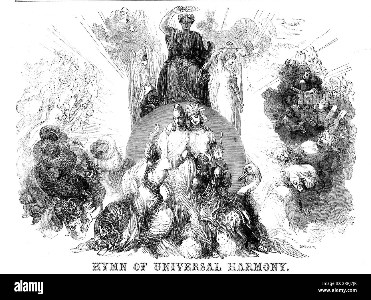 &quot;Hymn of Universal Harmony&quot;, 1858. Music by Jullien. Translated from the French by Desmond Ryan. 'Behold, a brighter morning Than e'er in Heav'n had birth Awakes, and gives glad warning Of Love and Joy on earth. Now Freedom o'er the world her banner waving, Proclaims great Nature's Law - her high Design; With trumpet tongue Commotion's storm out-braving, In concord bids all nations to combine, In concord bids all nations to combine; Dispels the darkling fears mankind enslaving, and links all hears in harmony divine. Sing, let's sing, and waft the blessing Below, around, above; Ev'ry Stock Photo