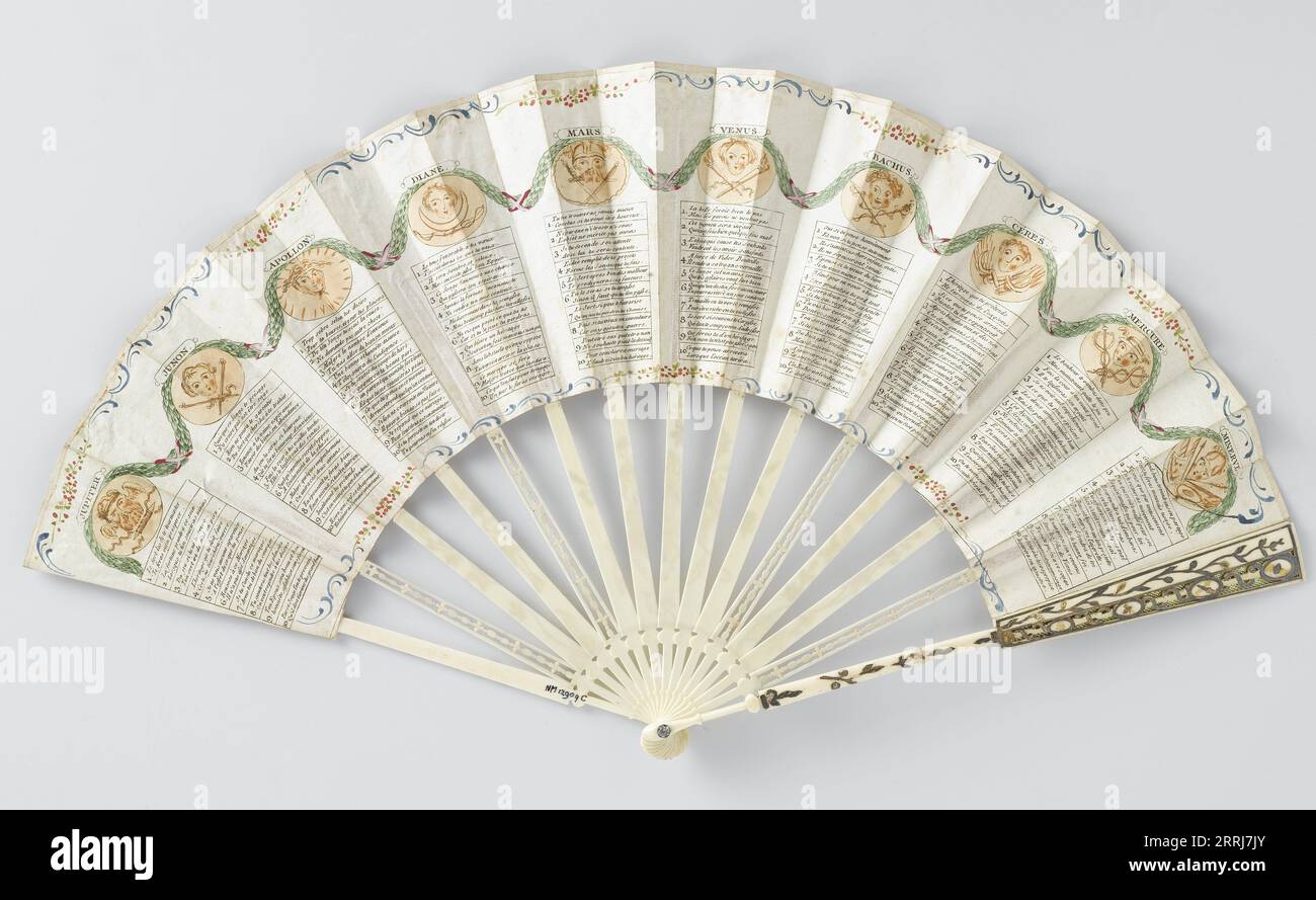 Folding paper fan on ivory frame, c.1780c.1790. Decoration showing the