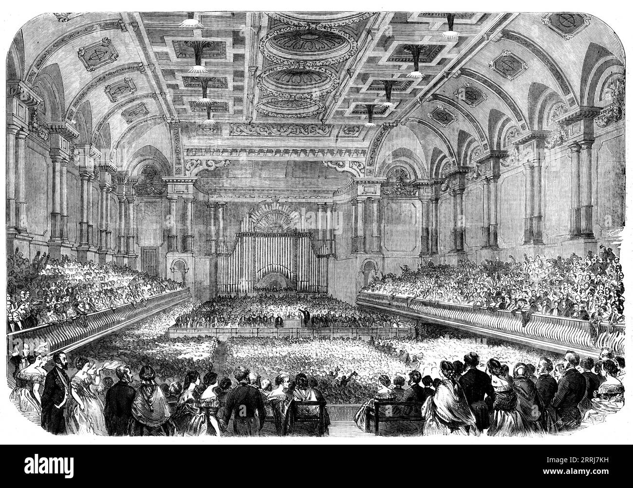 Messrs. Gibson and Bright at the Free-Trade Hall, Manchester, 1858. A soiree for '...the Right Hon. T. M. Gibson, M.P. for Ashton-under- Lyne, and Mr. John Bright, M.P. for Birmingham, for &quot;the purpose of congratulating the hon. member for Birmingham on his restoration to health; to celebrate the return of himself and his late colleague (the Right Hon. T. M. Gibson) to Parliament for the boroughs of Birmingham and Ashton; and to thank them for their patriotic conduct during the last session of Parliament, as well as for their long and faithful services as representatives for this city.&qu Stock Photo
