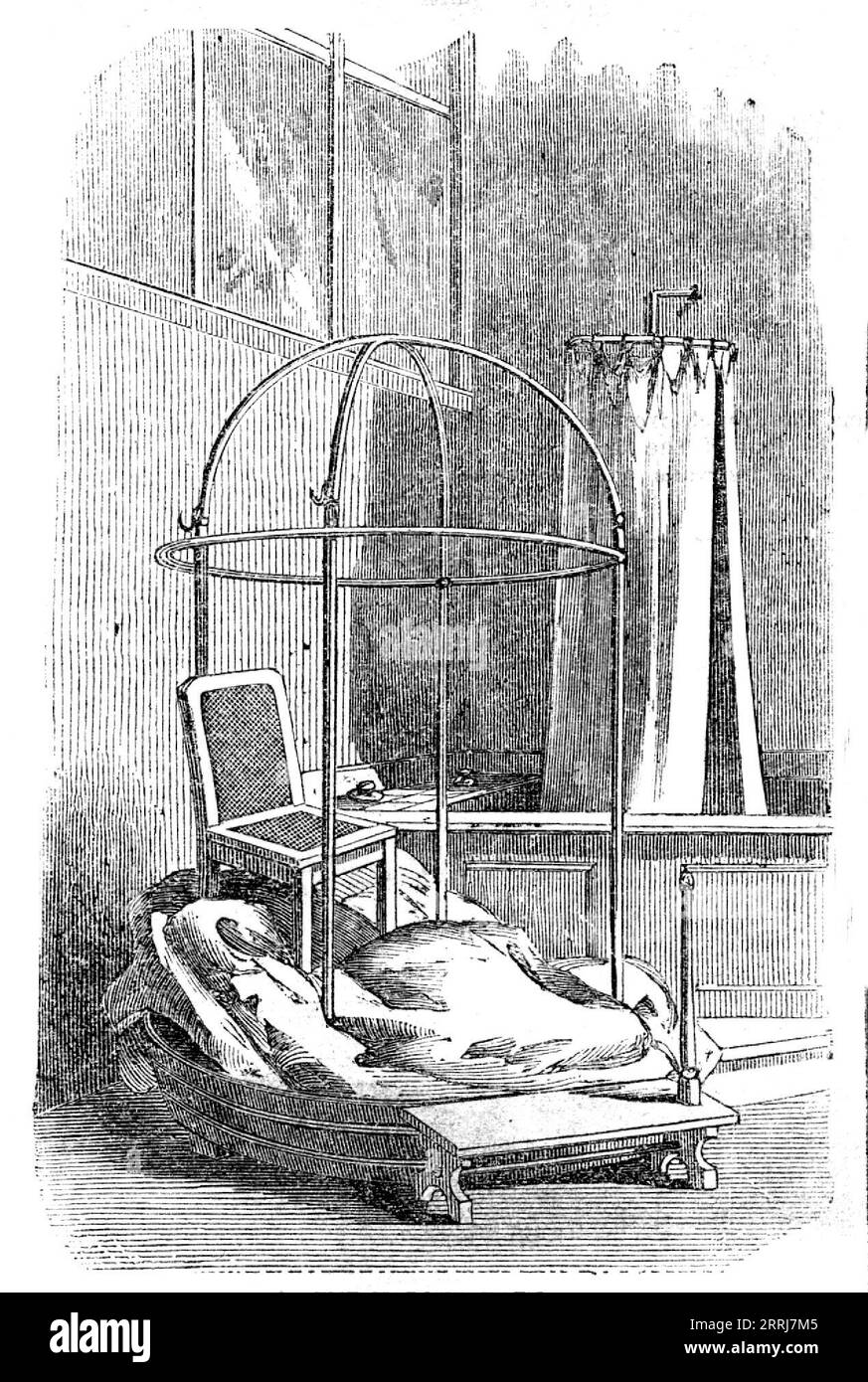 The Metropolitian Baths - the Vapour Bath, 1858. 'The elegance of a well-appointed dressing-room has been imported into every bath-room, which shines resplendent with mirrors, marble, and mahogany. Many of the appliances are exceedingly ingenious...if you take a warm bath, you can preserve its heat without...being scalded...because each bath is supplied from a cistern where hot and cold water are duly blended, and maintained at an unvarying temperature. The towels are kept in little cupboards warmed by hot-air pipes...The vapour-bath - we describe it for the benefit of the uninitiated - is a p Stock Photo