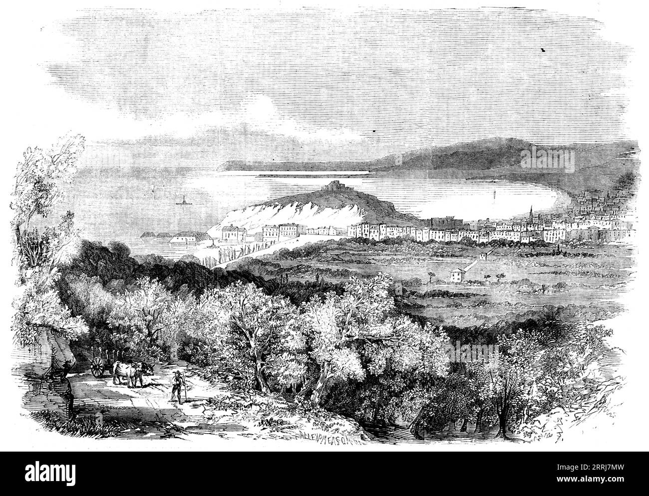 Nice, 1858. '...long considered one of the sanatoriums of Europe...resorted to, especially during the winter, by individuals from all parts of the world. This town, also a seaport of Sardinia, is beautifully situated on the French frontier, in a small plain, which it almost covers, at the foot of the Maritime Alps. The waters of the Mediterranean wash its walls on the south; on the north and on the east the mountains inclose it round in the form of an amphitheatre; and on the west it is bounded by the River Paglione...The harbour, or port, lies three quarters of a mile east of the Paglione...T Stock Photo