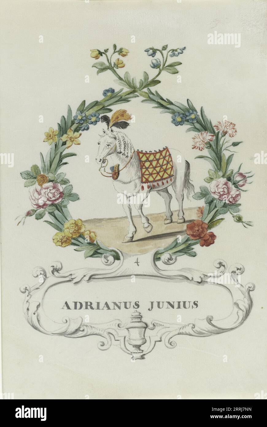 Cartoon of Adrianus Junius, 1710-1720. Adrianus Junius was a judge of Van Oldenbarnevelt. White horse with plumes and caparison, in wreath of flowers and leaves. Related to 1618-1619 Trial of Oldenbarnevelt, Grotius and Hogerbeets for treason. Stock Photo