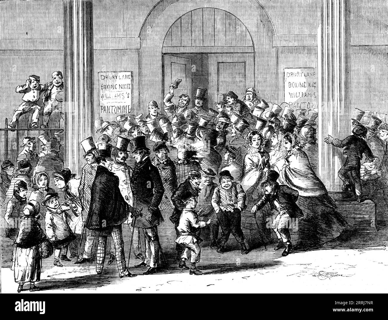 Drury-Lane Theatre - Engaging for the Pantomime - drawn by M'Connell, 1858. '...a curious Scene at the stage-door...every available place was occupied round about the theatre by a crowd of persons desirous of being engaged in the forthcoming pantomime. The theme of the piece may be more than usually attractive. The ballad story of &quot;Robin Hood&quot; is undeniably popular, and his merry band, it might have been expected, would be more than usually numerous...a large multitude of applicants surrounded Old Drury with the strong desire, and some with the reasonable expectation, of being engage Stock Photo
