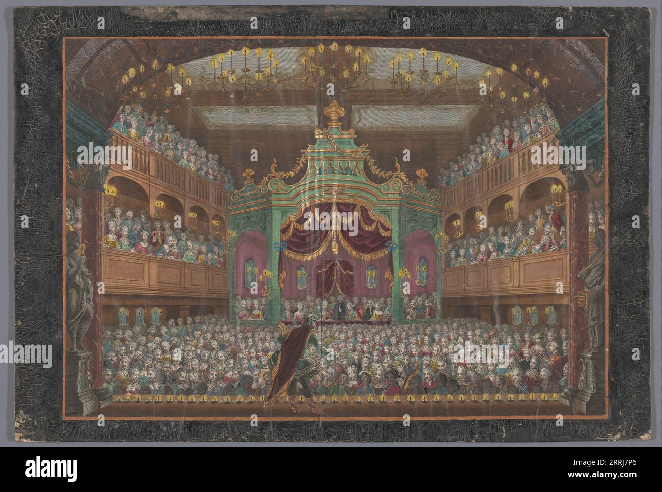 View of the royal lodge of the Schouwburg in Amsterdam with a performance for Willem V and Wilhelmina of Prussia on June 1, 1768, 1768-1799. On stage is an actor as Apollo. Stock Photo