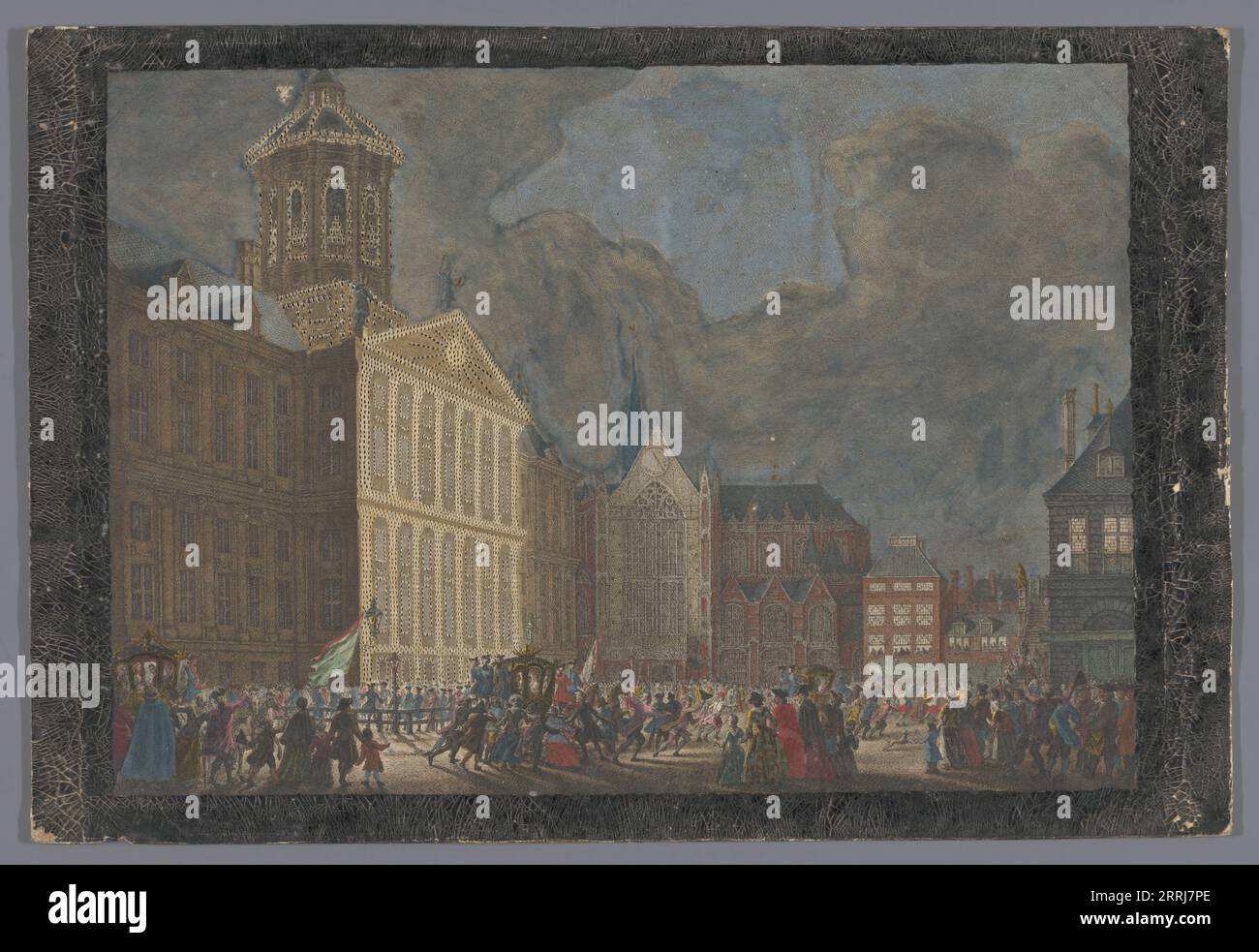 View of the town hall in Amsterdam with the arrival of Willem V and Wilhelmina van Pruisen on Dam Square on May 31, 1768, 1768-1799. Stock Photo