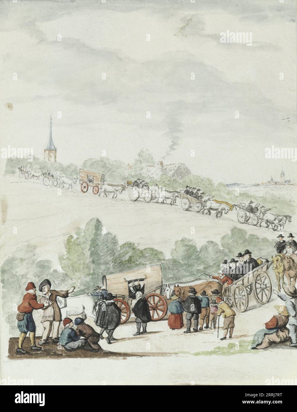 The exodus of the Remonstrants, 1710-1720. A procession of carts and people. A church tower in the background. Copy of the print entitled 'd'Arminiaensche uytvaert' (Arminian exodus). Stock Photo