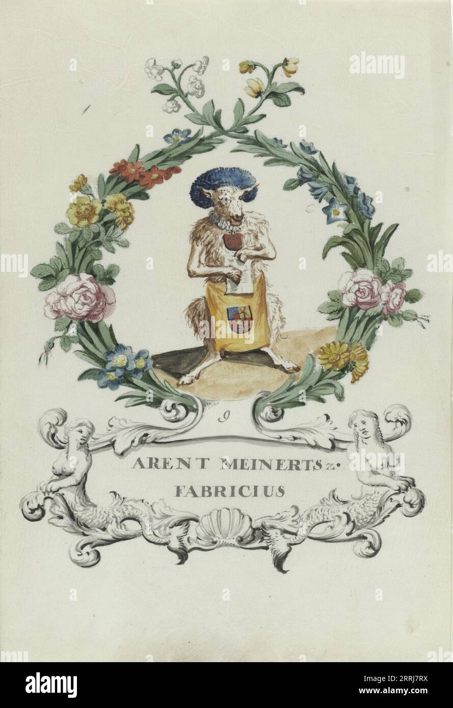 Cartoon of Arent Meinertsz. Fabricius, 1710-1720. Arent Meinertsz. Fabricius was a judge of Van Oldenbarnevelt; White sheep with blue fur hat and apron, in wreath of flowers and leaves. Cartouche with two mermaids on either side. Related to 1618-1619 Trial of Oldenbarnevelt, Grotius and Hogerbeets for treason. Stock Photo