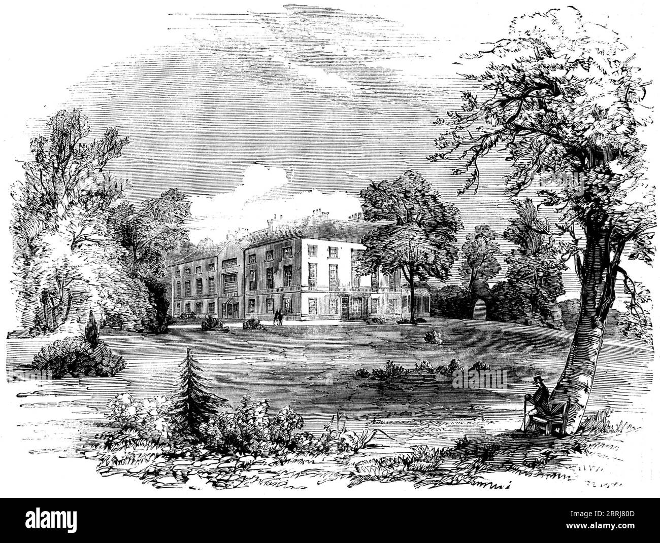 Tapton House, near Chesterfield, the Residence of the Late Mr. G. Stephenson, 1858. 'Chesterfield has acquired a celebrity by its connection with the memory of the late celebrated George Stephenson...Across the valley to the right, on the summit of a hill, stands Tapton House, where Mr. Stephenson resided during the last ten years of his life, and where many of his most important plans were formed and perfected. Tapton House is a large, commodious mansion, beautifully situated amidst woods, and surrounded by a park...When Mr. Stephenson took possession of Tapton House the gardens and pleasure- Stock Photo