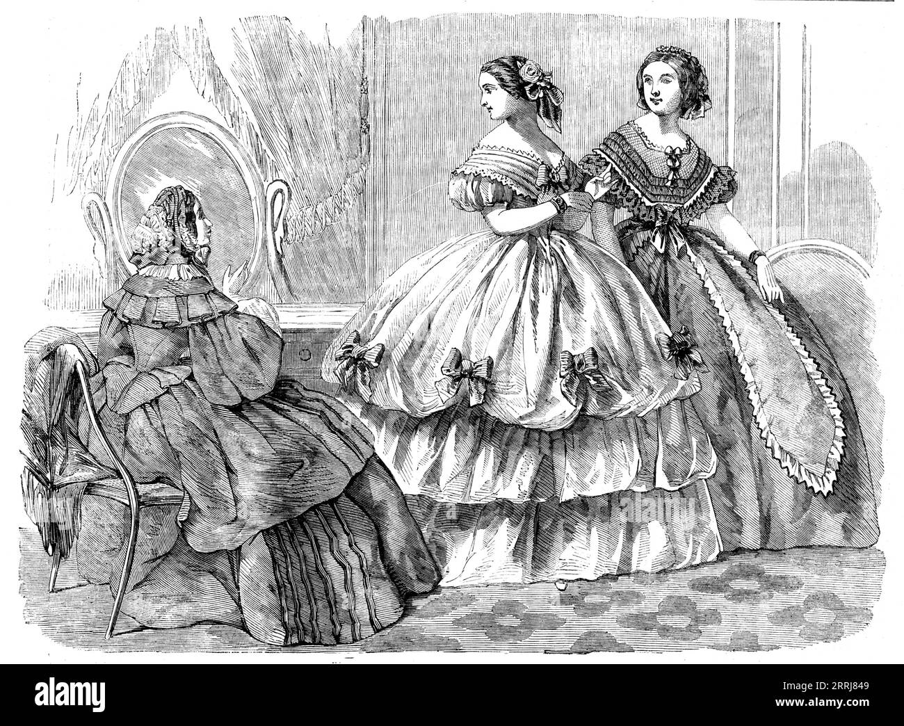 Fashions for December, 1858. 'Dress of green droguet, spotted with black velvet. The dress has two skirts and both have side trimmings, formed of rows of black velvet...The corsage, which fits closely to the figure, is pointed at the waist...The sleeves are wide, slit open at the inner part of the arm, and set in large plaits at the shoulder. The under sleeves consist of large puffs of muslin...Bonnet of grey terry, trimmed with groseille-coloured velvet...Ball Costume: Robe of white tarletane, with two flounces...Over the flounced robe is a tunic...gathered up at intervals in festoons, fixed Stock Photo