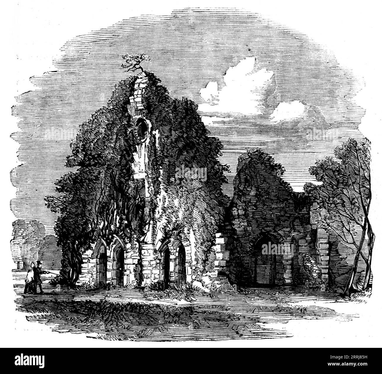 Waverley Abbey, Surrey - from a photograph by Mr. Liddiard, of Farnham, 1858.'...the ruins of Waverley Abbey...stand on a broad green meadow, round which the River Wey, overlooked by low wooded hills, winds on three sides...Waverley was the first house of the White Monks, the Cistercian &quot;Grex albus,&quot; founded in England, and was established in 1128...There can be no doubt but that it was in turning over [the] pages of Gale's &quot;Hist. Anglican Scriptores&quot; that the graceful name of the abbey approved itself to the ear of Sir Walter Scott. Little did the good monk think, as he la Stock Photo