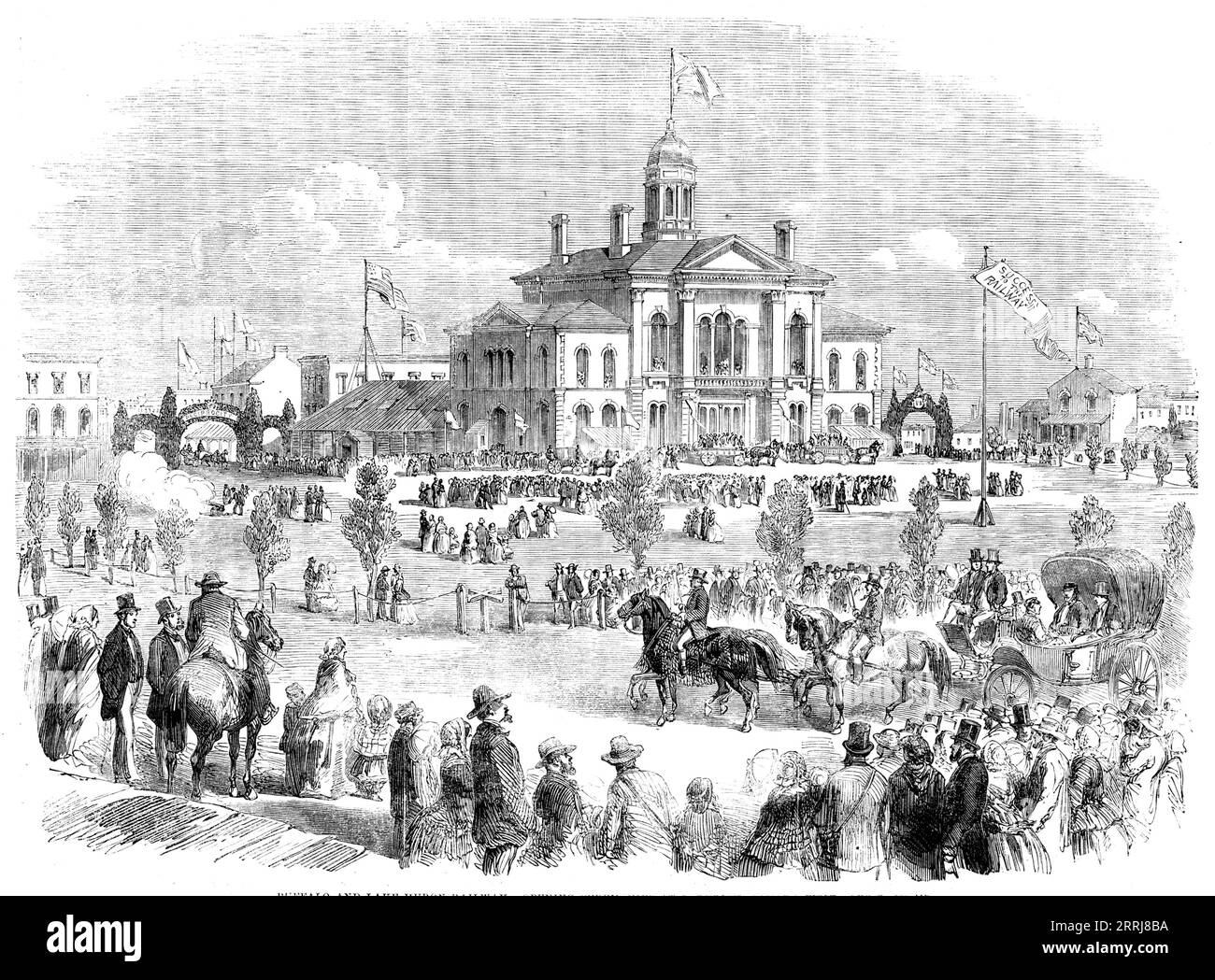 Buffalo and Lake Huron Railway: Opening Ceremonies at Goderich, Canada West, 1858. 'This railway, which is largely held by English capitalists, connects that inland sea, Lake Huron, through Buffalo, in the United States, with New York, Boston, and Portland harbours, and, through the Grand Trunk and Great Western of Canada, with Halifax and Quebec; thus connecting the western garden of the province by direct railway communication with the whole Atlantic seaboard of the North American continent, and thereby with, the harbours and markets of the world...Goderich, the subject of the present Sketch Stock Photo