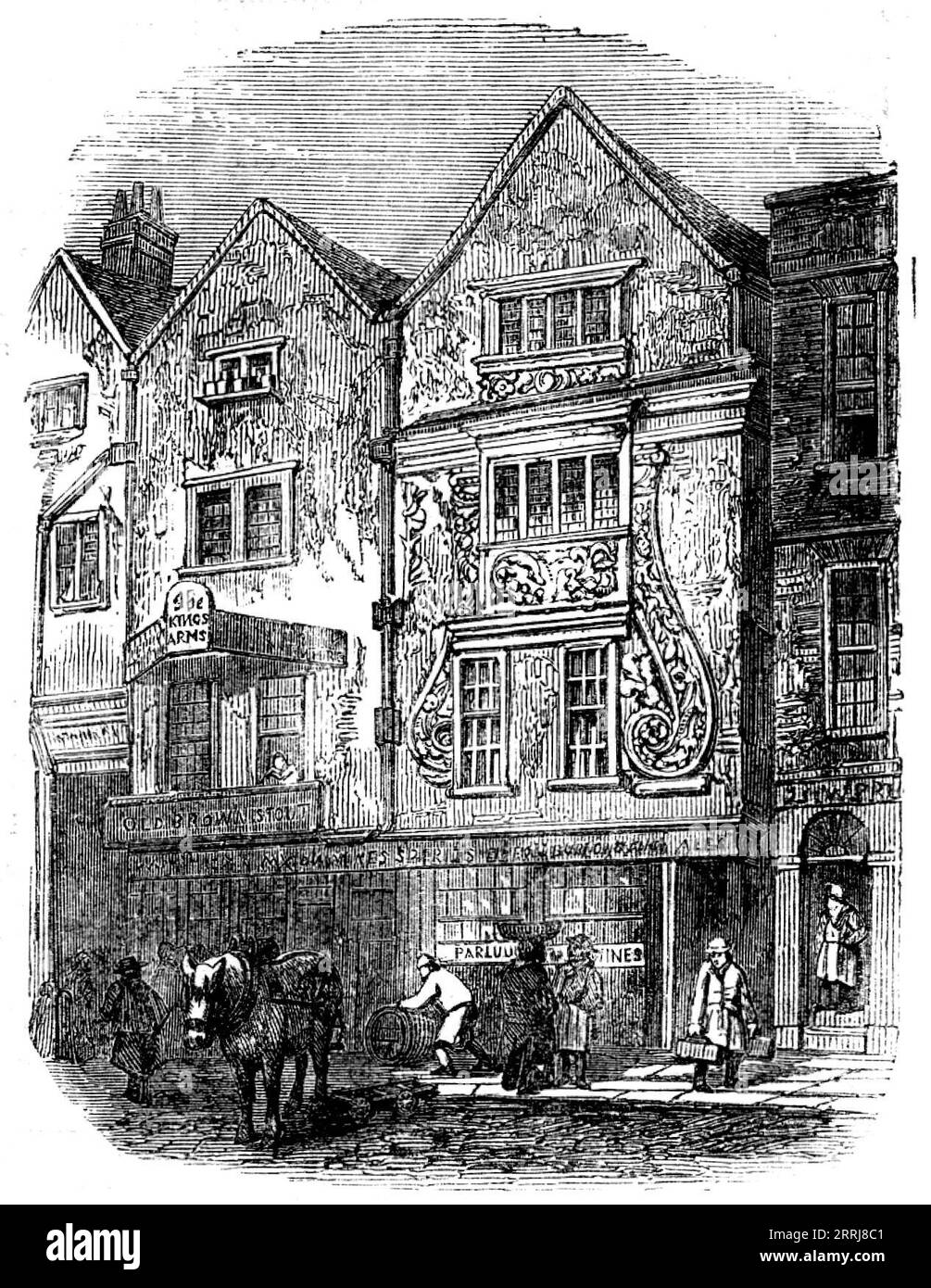 Old Houses, Moorfields, [London], 1858. 'The picturesque ornamentation in the front of the house shown in the Engraving is probably of the date of the latter part of the reign of Henry VIII., and was much used in London during that and the three succeeding reigns...In the reigns of Charles I. and II. plaster patterns of greater beauty and more refinement were much used in the better class of houses, and harmonised well with the elaborately carved woodwork which was then in fashion. Most of these ceilings have now been removed ; the exterior scroll-work even on the house in Moor-fields has alto Stock Photo