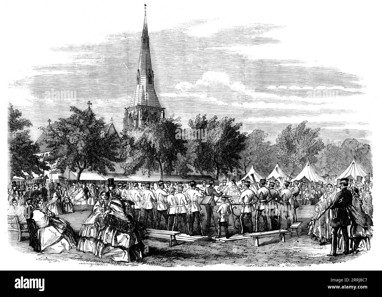 Military Bazaar at Chatham, [in Kent], 1858. 'A grand military bazaar in aid of the funds of the Central Association for Improving the Condition of the Wives and Families of Soldiers and Sailors was held at Chatham on Thursday and Friday last week. The stalls were crowded with every description of articles usually found at bazaars, received by the committee from all parts of the country, the principal ladies of the garrison and neighbourhood superintending the sale. The bands of the Royal Engineers and Royal Marines were in attendance, and a large number of visitors was attracted. The sum real Stock Photo