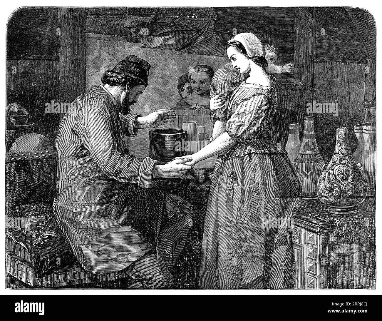 &quot;The Last Trial of Madame Palissy&quot; - painted by W. J. Grant - one of the prize pictures of the Glasgow Art Union, 1858. 'The name of Bernard Palissy is of European renown in connection with the beautiful ware which he succeeded in perfecting, and which is called after him...the dream of his ambition was the restoration of the lost art of porcelain-enamelling; and, in a long course of efforts and experiments towards realising it, he reduced himself and his family to the greatest distress. At length, when on the eve of success...he found himself in want of a piece of gold...The sole re Stock Photo