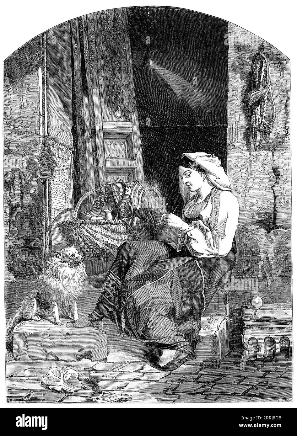 &quot;La Culla&quot; - painted by Williams - one of the prize pictures of the Glasgow Art Union, 1858. 'We have here a pleasing domestic picture, probably sketched from nature, and painted with all the warmth of colour appropriate to the sunny South. &quot;La Culla&quot; (the cradle) contains the first-born of the young mother, who sits beside it on a doorstep knitting thick worsted hose for paterfamilias, who is away from home toiling for home's sake. A faithful dog looks on, apparently quite contented with his lot, which, though humble and spare and frugal, he would not exchange for that of Stock Photo